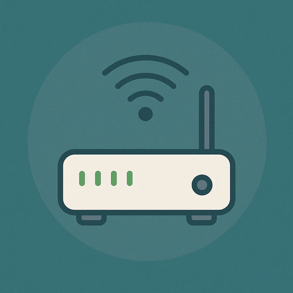 A flat-style digital illustration showcases a compact Wi-Fi router emitting wireless signals, symbolizing smart networking without the need for additional hardware.