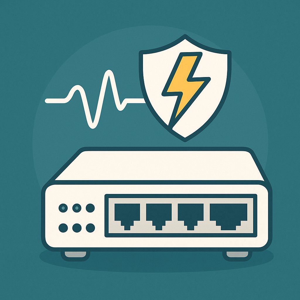 A flat, vector-style digital illustration showcases a D-Link-like network device with Ethernet ports and LED lights, symbolically protected by a lightning bolt inside a shield, representing up to 6kV surge protection.