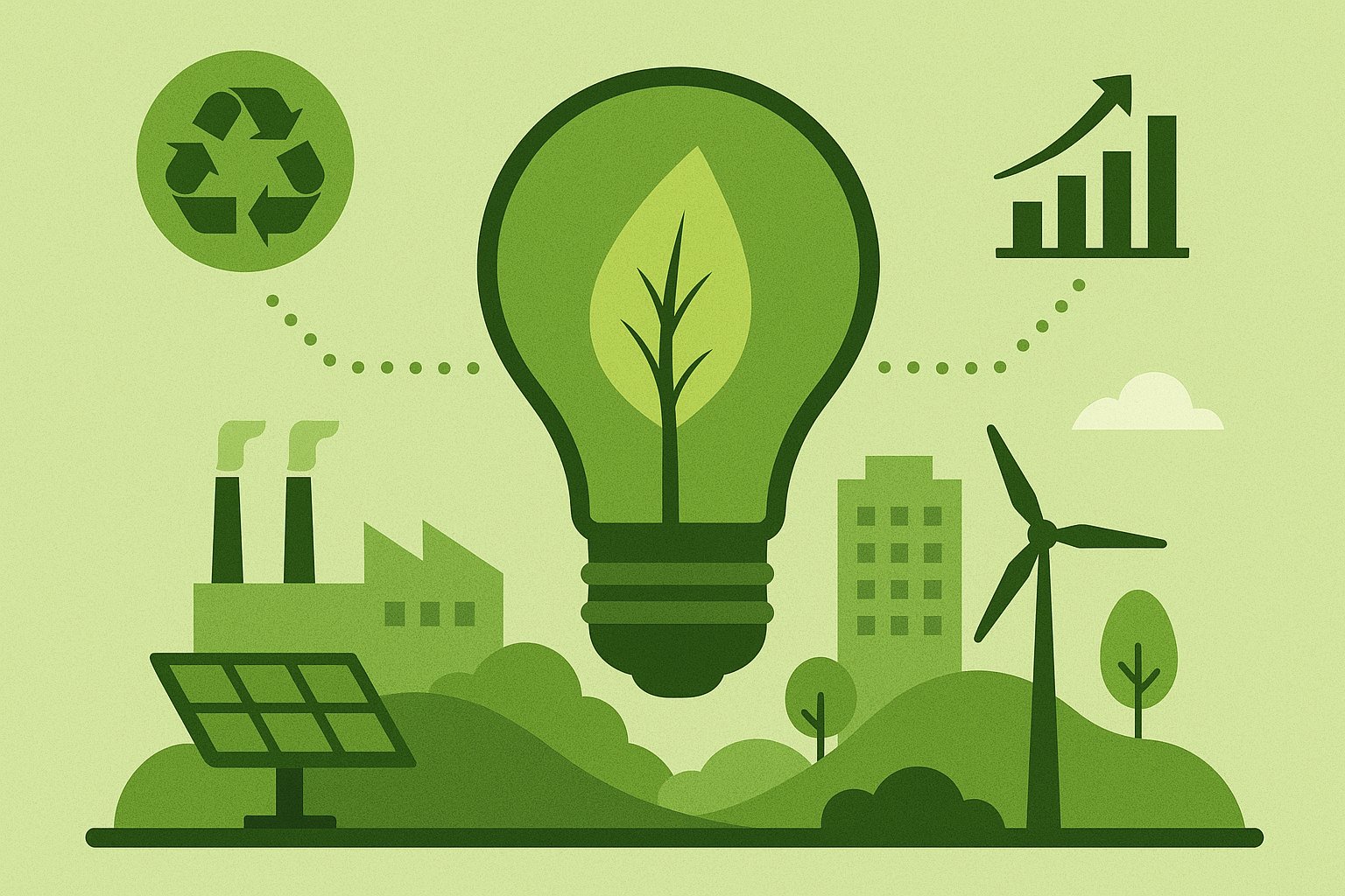 Illustration symbolizing sustainability and energy efficiency, with a green lightbulb containing a leaf, surrounded by icons for recycling, solar energy, wind power, and smart growth over a city backdrop.