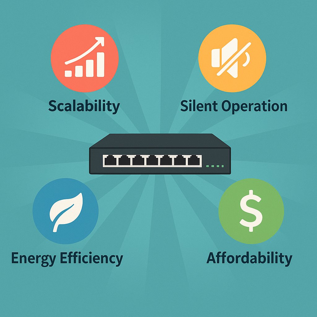 Flat-style infographic illustrating key features of network switches — scalability, silent operation, energy efficiency, and affordability — with a central image of a switch and colorful icons on a teal background