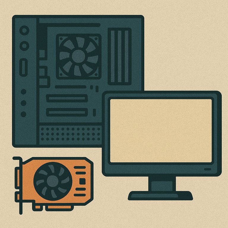 A textured digital illustration features an open desktop PC, a detached graphics card, and a monitor, symbolizing testing with integrated graphics.