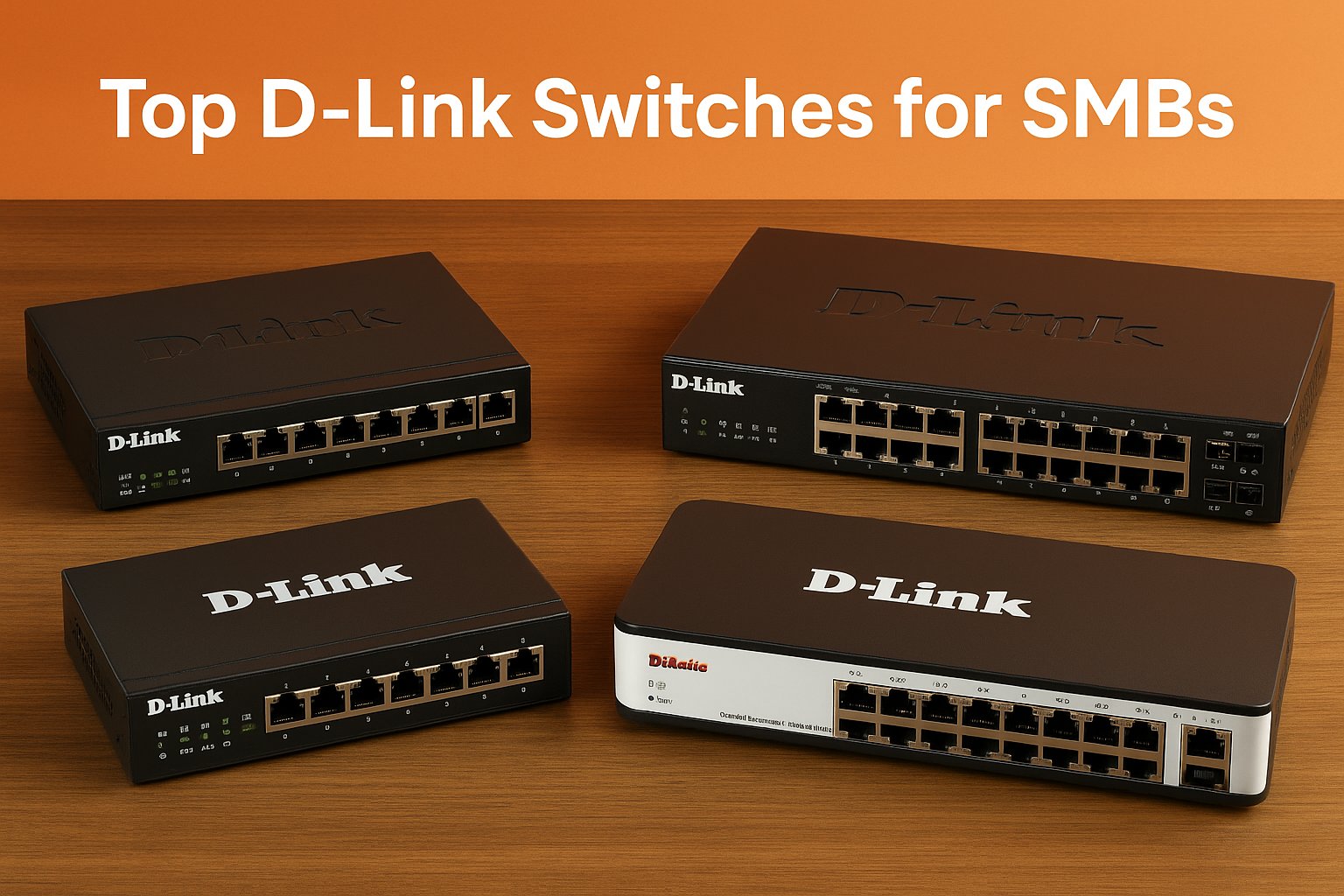 A digital photograph of four D-Link network switches arranged on a wooden surface, showcasing various models suitable for small to medium-sized business (SMB) network environment