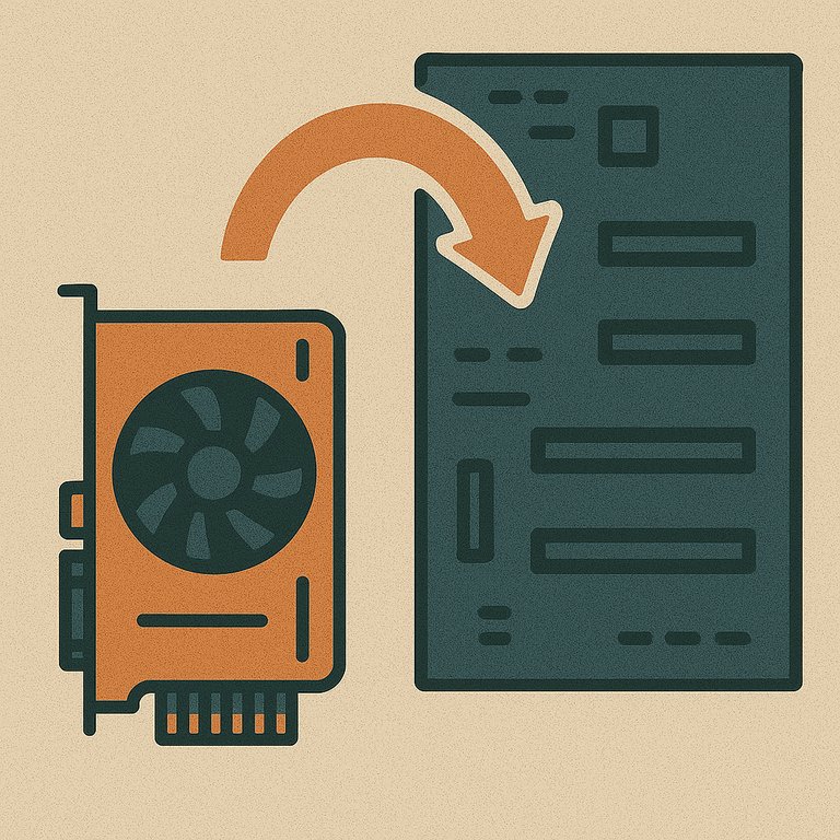 A textured digital illustration features a computer graphics card and motherboard with an arrow indicating insertion into a different PCIe slot.