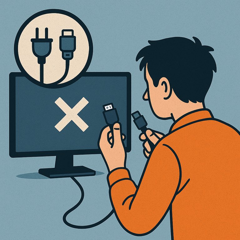 A flat-style digital illustration depicts a person inspecting an HDMI cable and a monitor with a blank screen, representing a troubleshooting step to verify the monitor and cable connection.