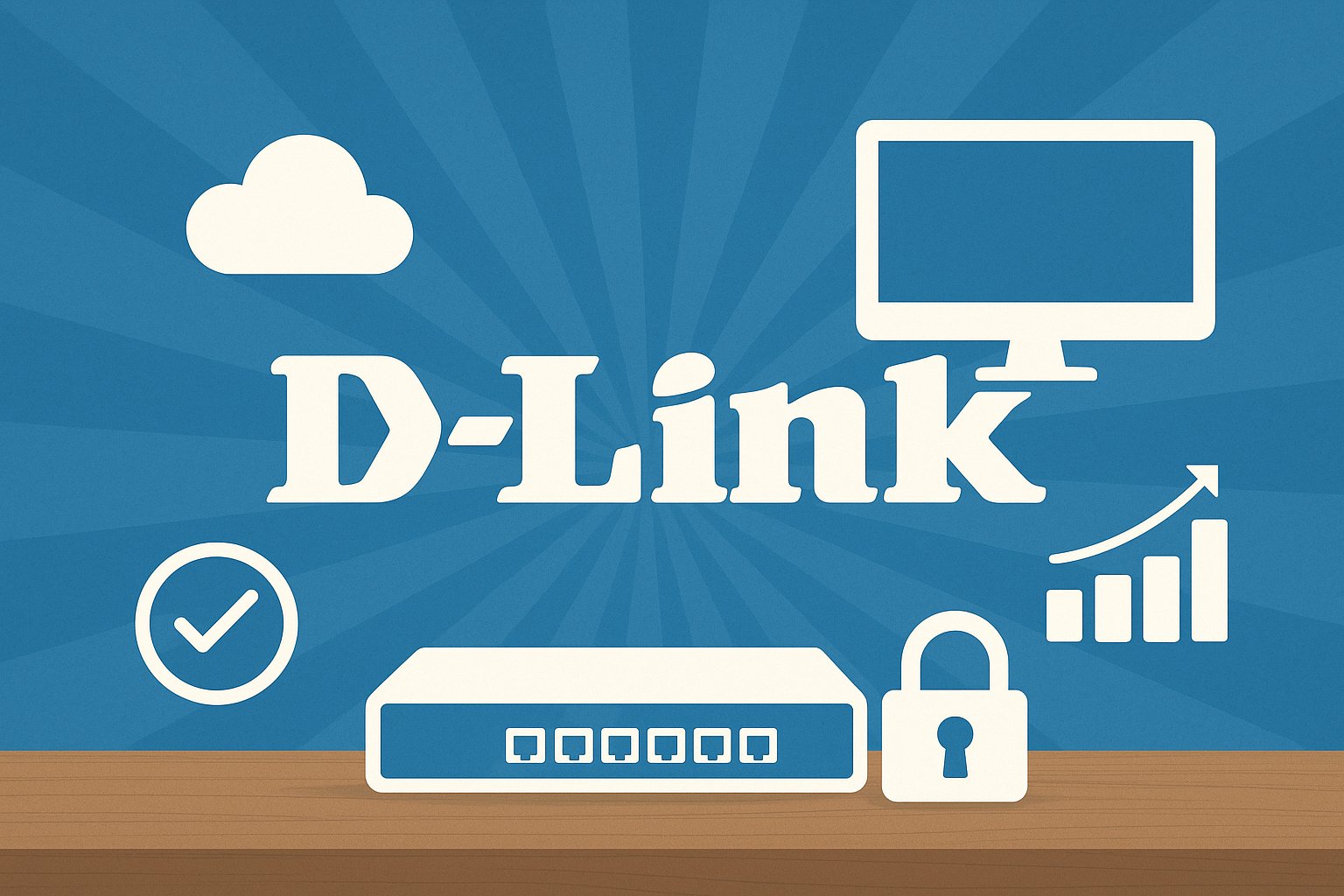 Digital illustration featuring the D-Link logo surrounded by icons representing cloud computing, network connectivity, reliability, growth, and security—all set against a blue radial gradient background