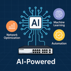 Flat-style digital illustration of AI-powered networking showing a central AI chip connected to multiple D-Link switches and network nodes, symbolizing intelligent automation, data flow optimization, and real-time decision-making