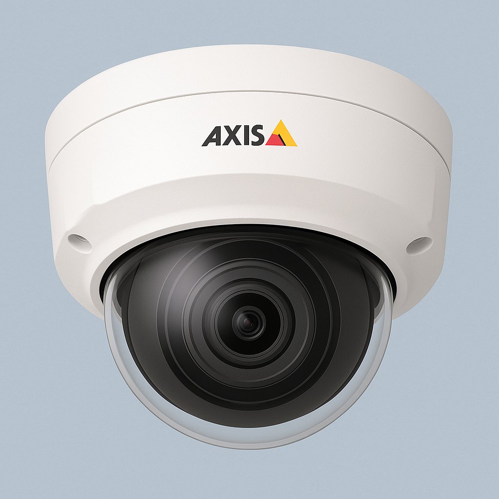 White Axis M3086-V M30 Series 4MP fixed mini dome IP camera mounted on a ceiling, showing its compact design with a black-tinted lens dome in a modern indoor setting.