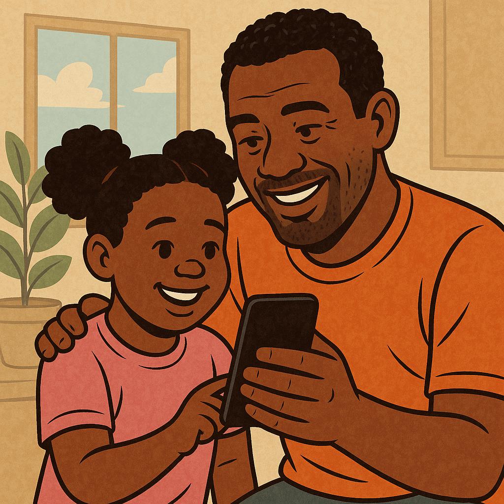 Illustration of a smiling father and daughter sitting together indoors, looking at a smartphone, symbolizing affordable wireless connectivity for families.