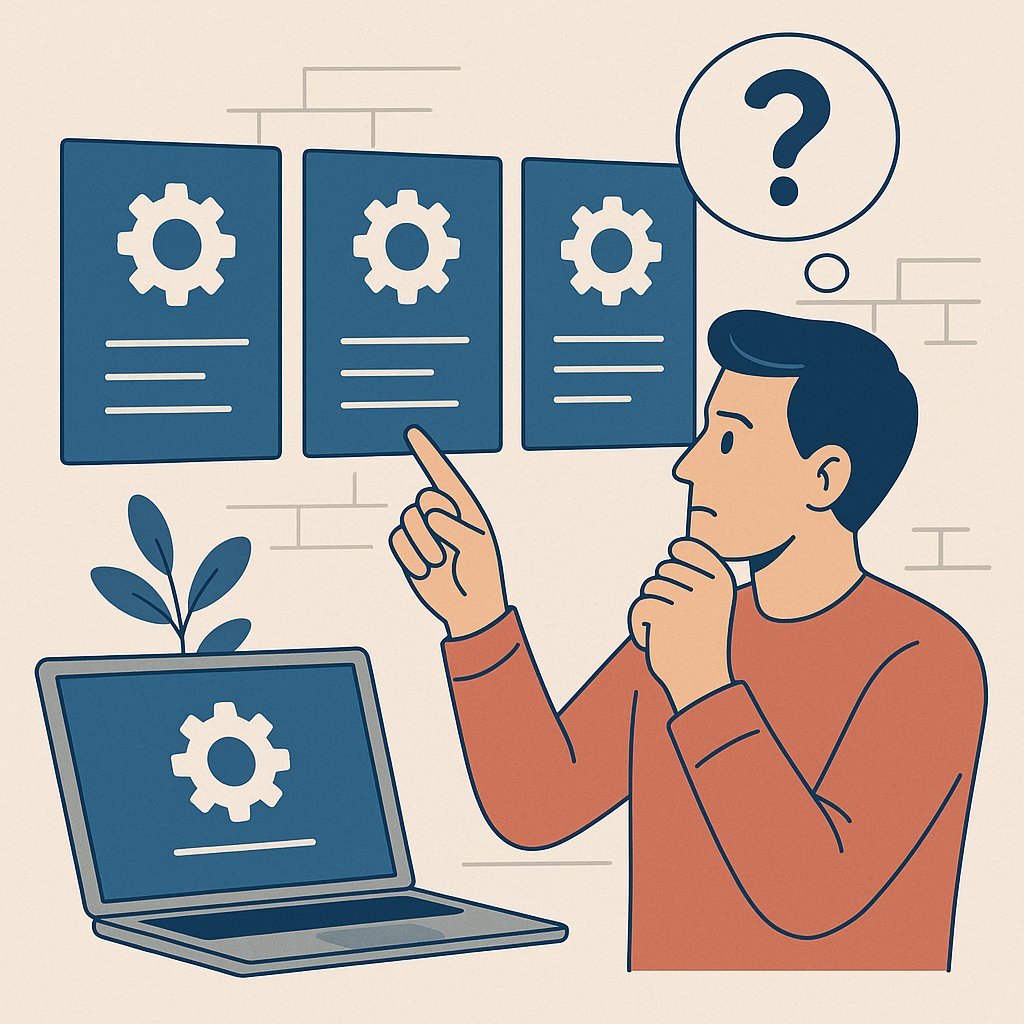 Person selecting between multiple configuration options on a wall display with a laptop showing a gear icon, symbolizing choosing the right setup