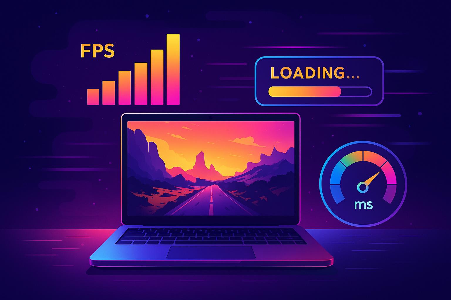 Vibrant digital illustration of a gaming laptop with neon visuals showing boosted FPS, fast loading bar, and low latency meter, symbolizing improved gaming performance.