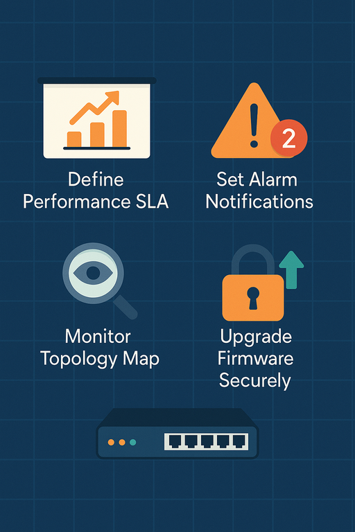 Flat-design digital illustration showing four advanced tips for using D-Link D-View 7: define performance SLA, set alarm notifications, monitor topology map, and upgrade firmware securely—each represented by colorful icons on a blue grid background