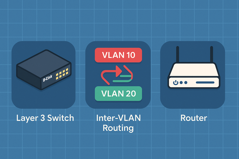 Flat-style illustration on a blue grid background showing advanced VLAN tips with three labeled icons: a Layer 3 Switch, Inter-VLAN Routing between VLAN 10 and VLAN 20, and a Router—visually representing key components of complex VLAN configuration