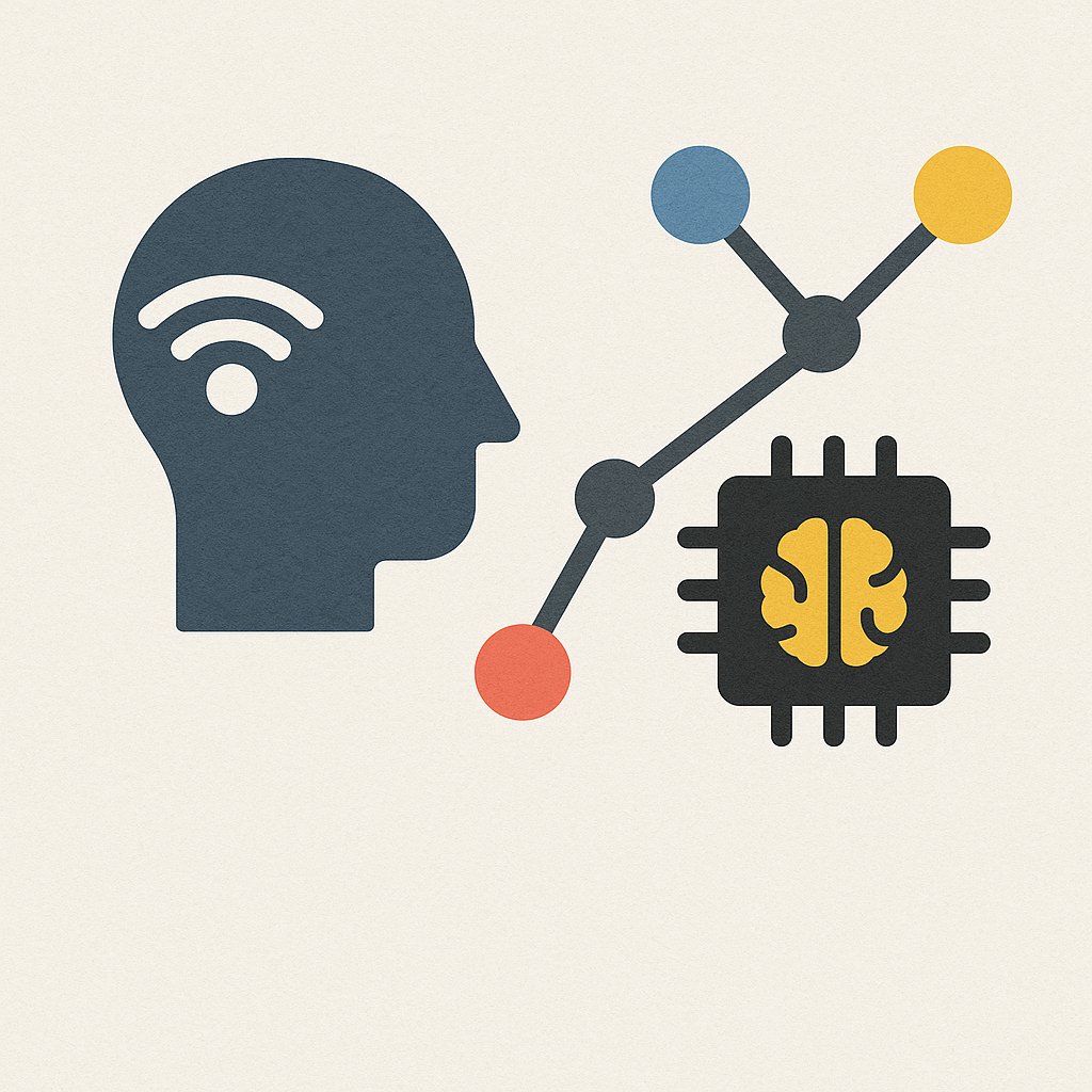 Flat vector illustration of edge analytics concept with a human head silhouette featuring a Wi-Fi signal, connected network nodes, and a microchip with a brain symbol.