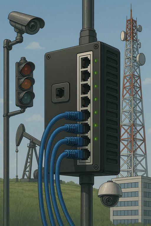 An outdoor industrial network switch with multiple Ethernet cables, surrounded by application icons including a traffic light, security camera, oil rig, telecom tower, and office building, symbolizing diverse performance-driven environments