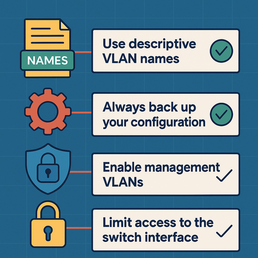 Flat-style infographic showing four VLAN best practices with icons: use descriptive VLAN names, always back up your configuration, enable management VLANs, and limit access to the switch interface—set against a grid-patterned blue background.