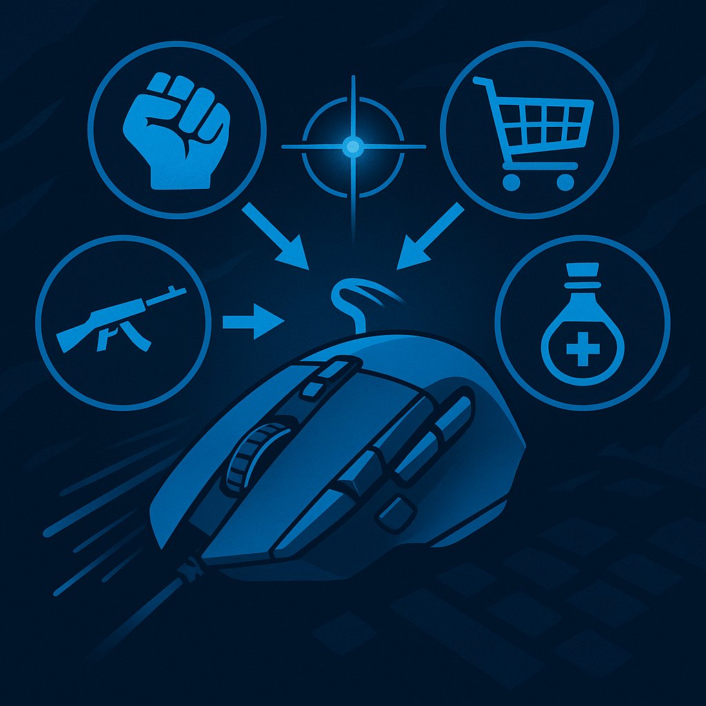 Illustration of a gaming mouse with arrows connecting to icons: a clenched fist, a rifle, a shopping cart, a healing potion, and a crosshair, symbolizing programmable bindings for in-game actions