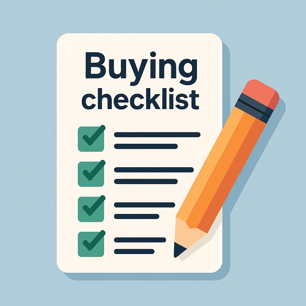 Flat design illustration of a buying checklist on a clipboard with green checkmarks and a large orange pencil, symbolizing shopping preparation and decision-making.