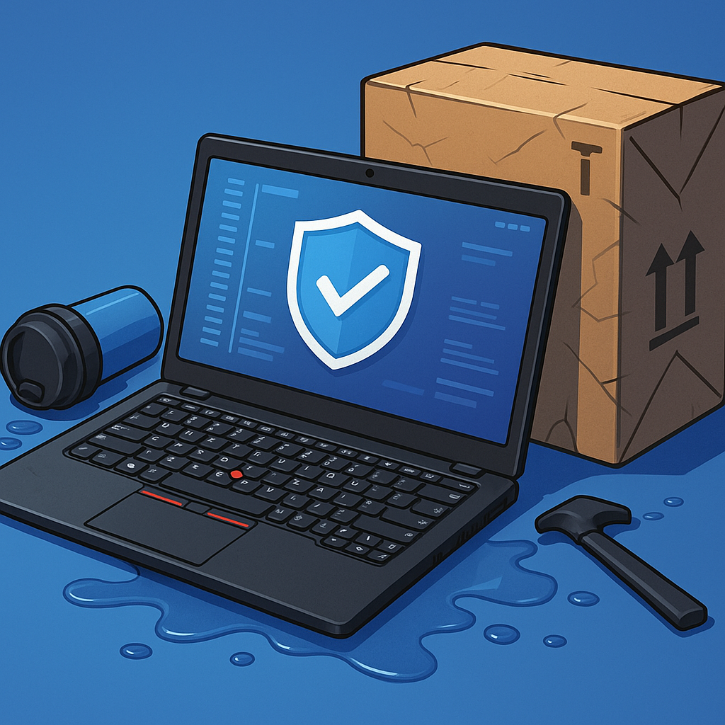 Illustration of a rugged laptop on a work surface with spilled water, a cracked cardboard box, and a hammer nearby, symbolizing real-world durability and resilience.