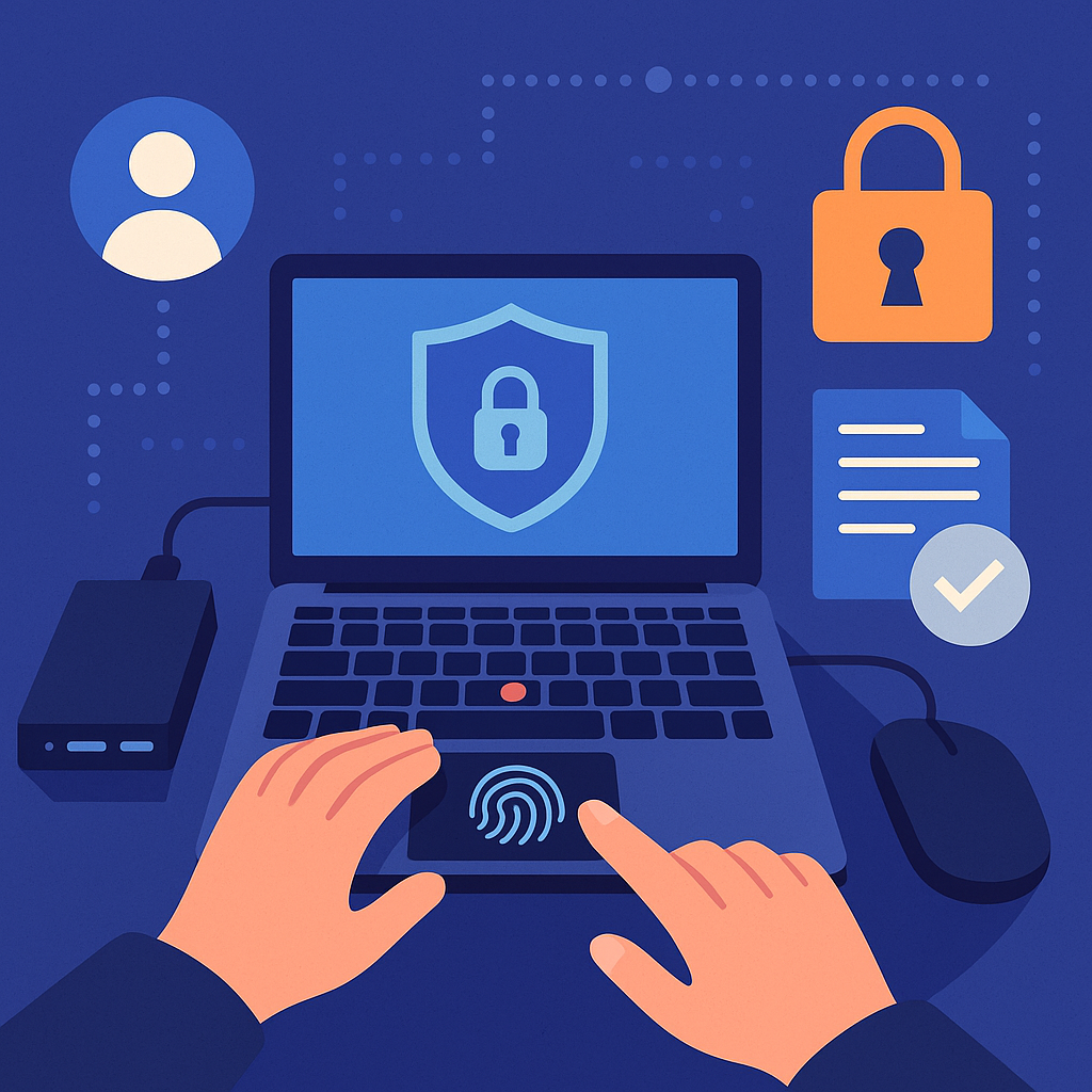 Illustration of a laptop with a fingerprint scanner and security shield on screen, surrounded by lock icons, checkmarks, and user symbols, representing scalable enterprise security and manageability.