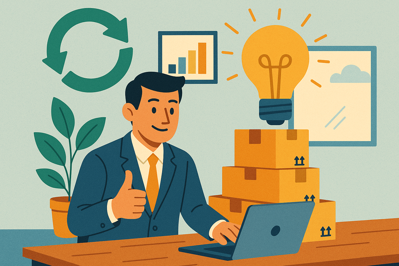 Businessman in suit giving thumbs up at laptop, surrounded by boxes, recycling symbol, and light bulb representing cost-saving benefits