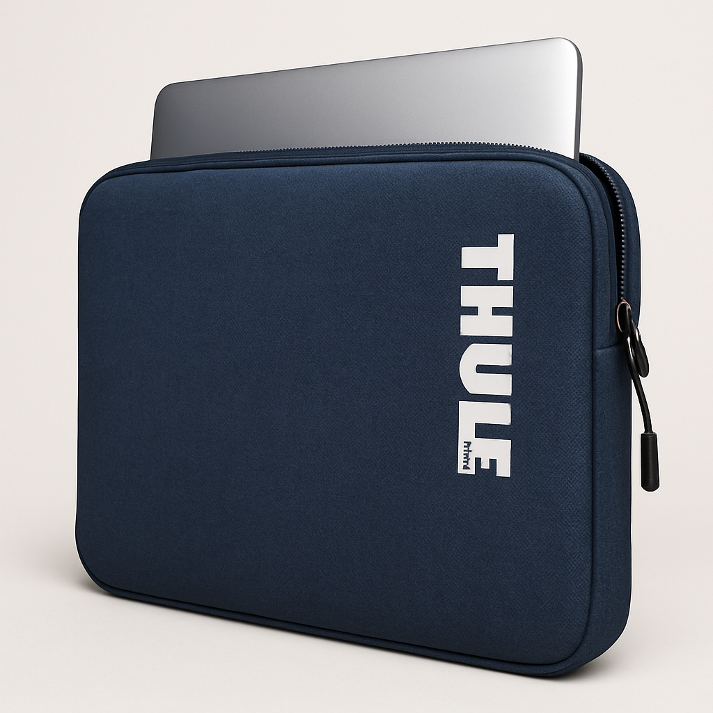 Dark blue Thule Case Logic Reflect 15.6-inch laptop sleeve with zipper, showing a slim silver laptop partially inside.