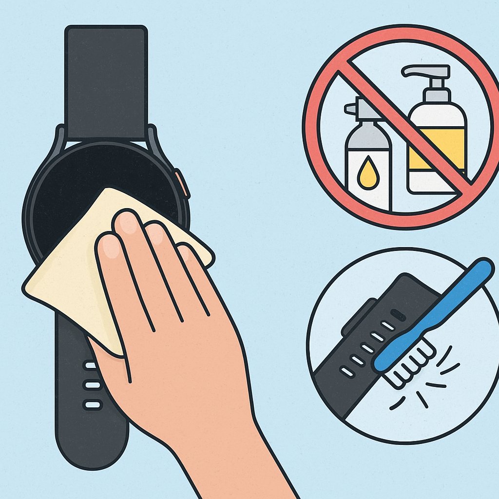 Illustration showing how to safely clean a smartwatch band: wiping with a cloth, gently scrubbing with a toothbrush, and avoiding harsh chemicals.