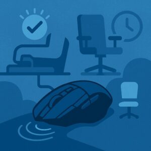 Illustration of an ergonomic gaming mouse with supportive icons like a chair, clock, and check mark, symbolizing comfort and endurance for long gaming sessions
