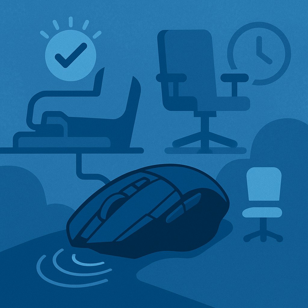 Illustration of an ergonomic gaming mouse with supportive icons like a chair, clock, and check mark, symbolizing comfort and endurance for long gaming sessions