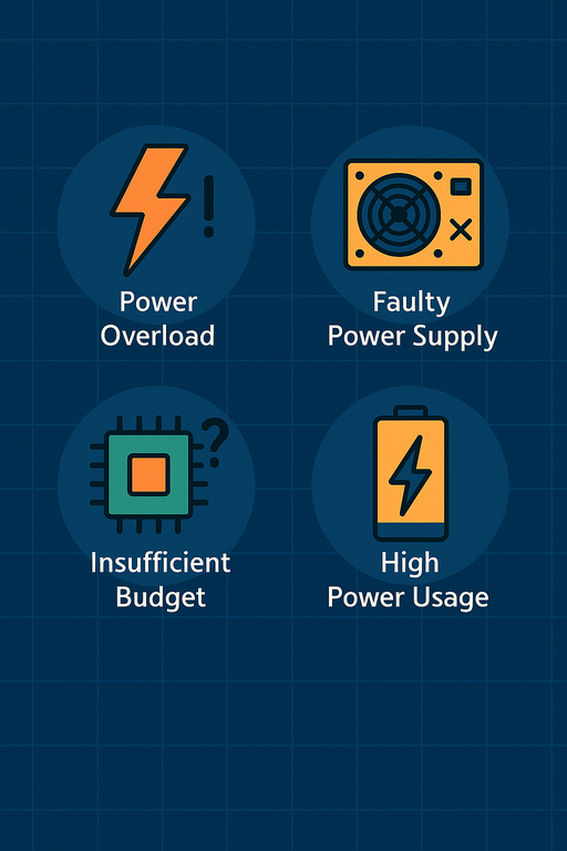 Flat-style digital illustration showing four common power delivery problems represented by labeled icons: power overload, faulty power supply, insufficient budget, and high power usage—set against a dark blue grid background