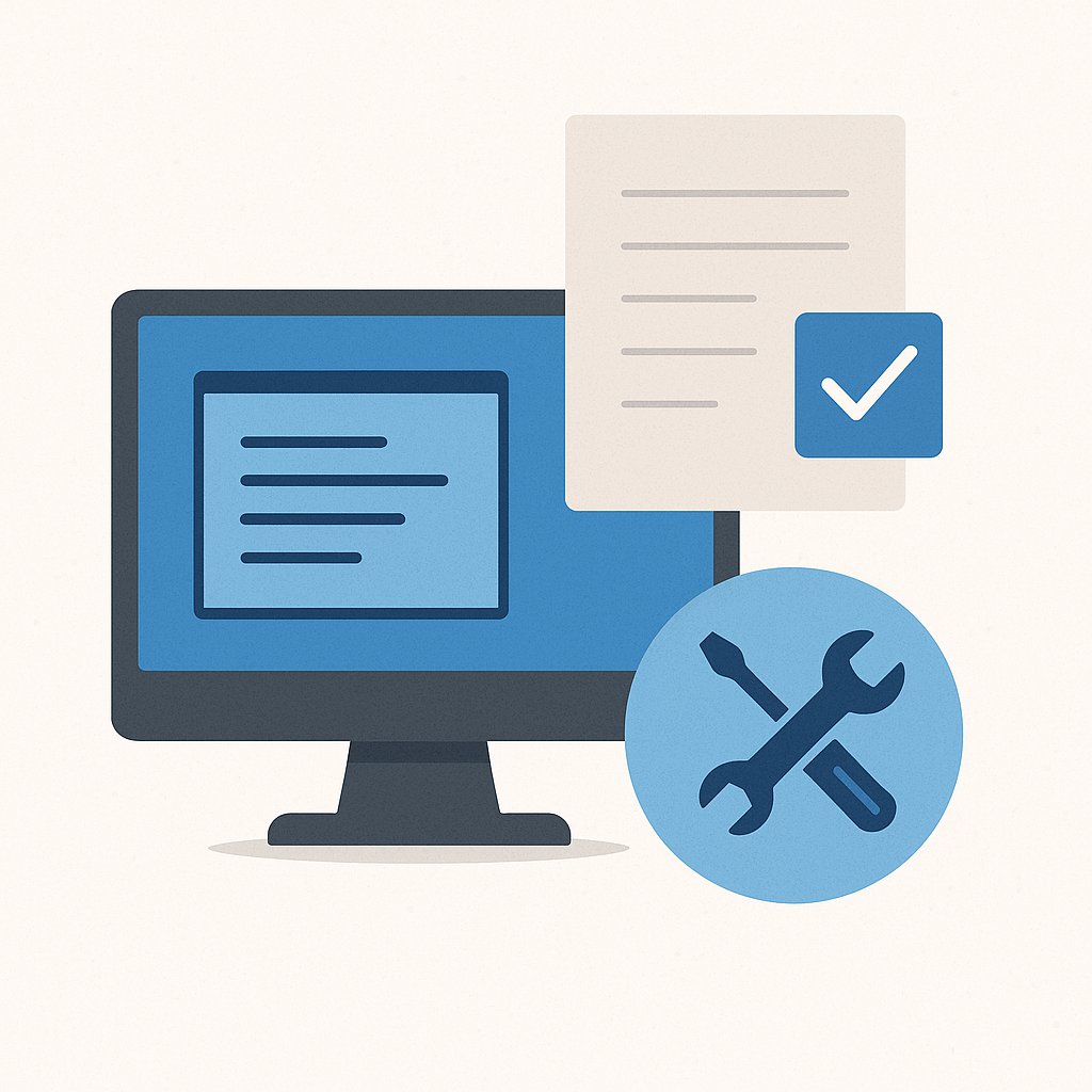 Illustration of a desktop monitor, checklist document, and crossed tools icon representing compatibility and requirements.