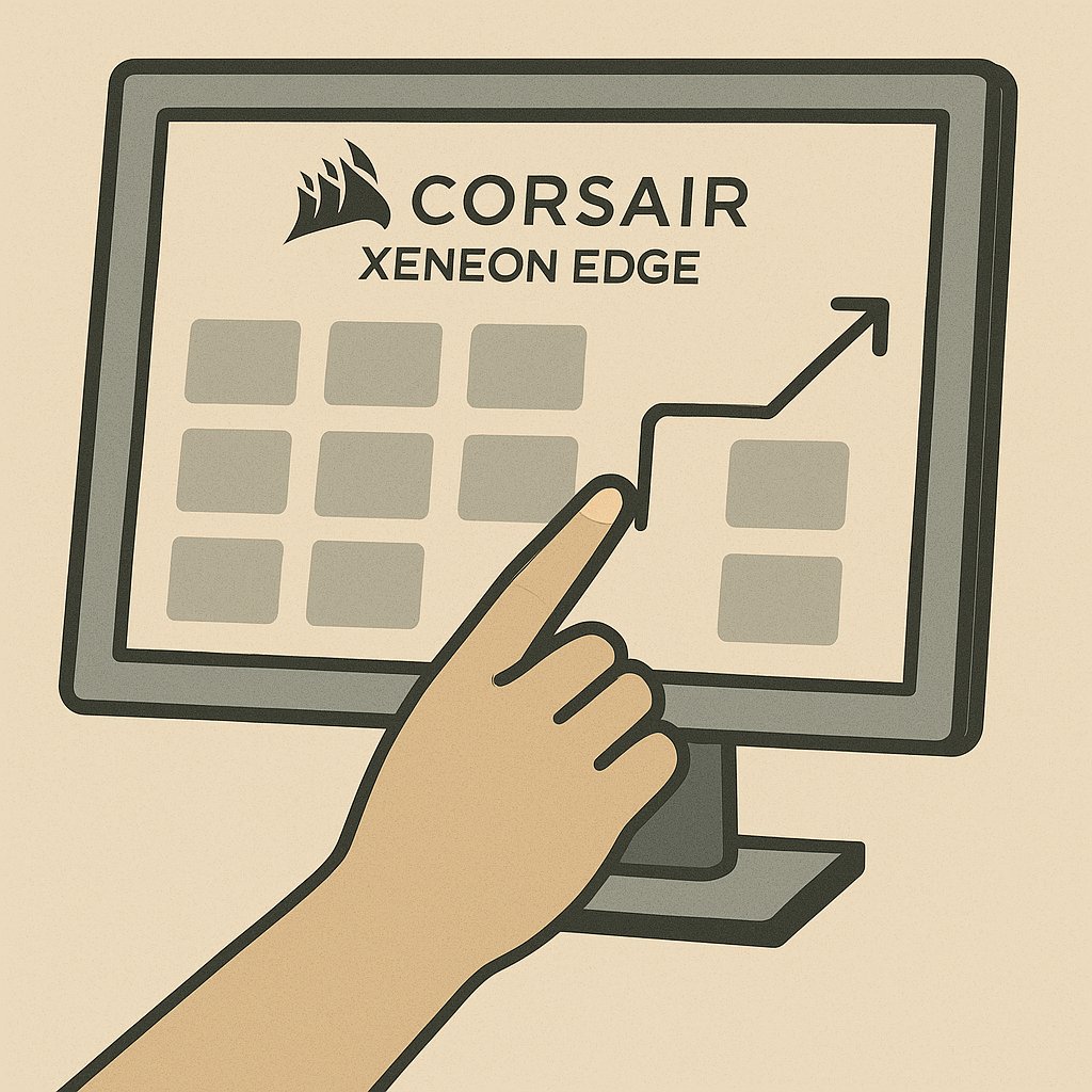 Flat-style digital illustration of a hand interacting with a sleek 14.5-inch touchscreen monitor, representing the Corsair Xeneon EDGE
