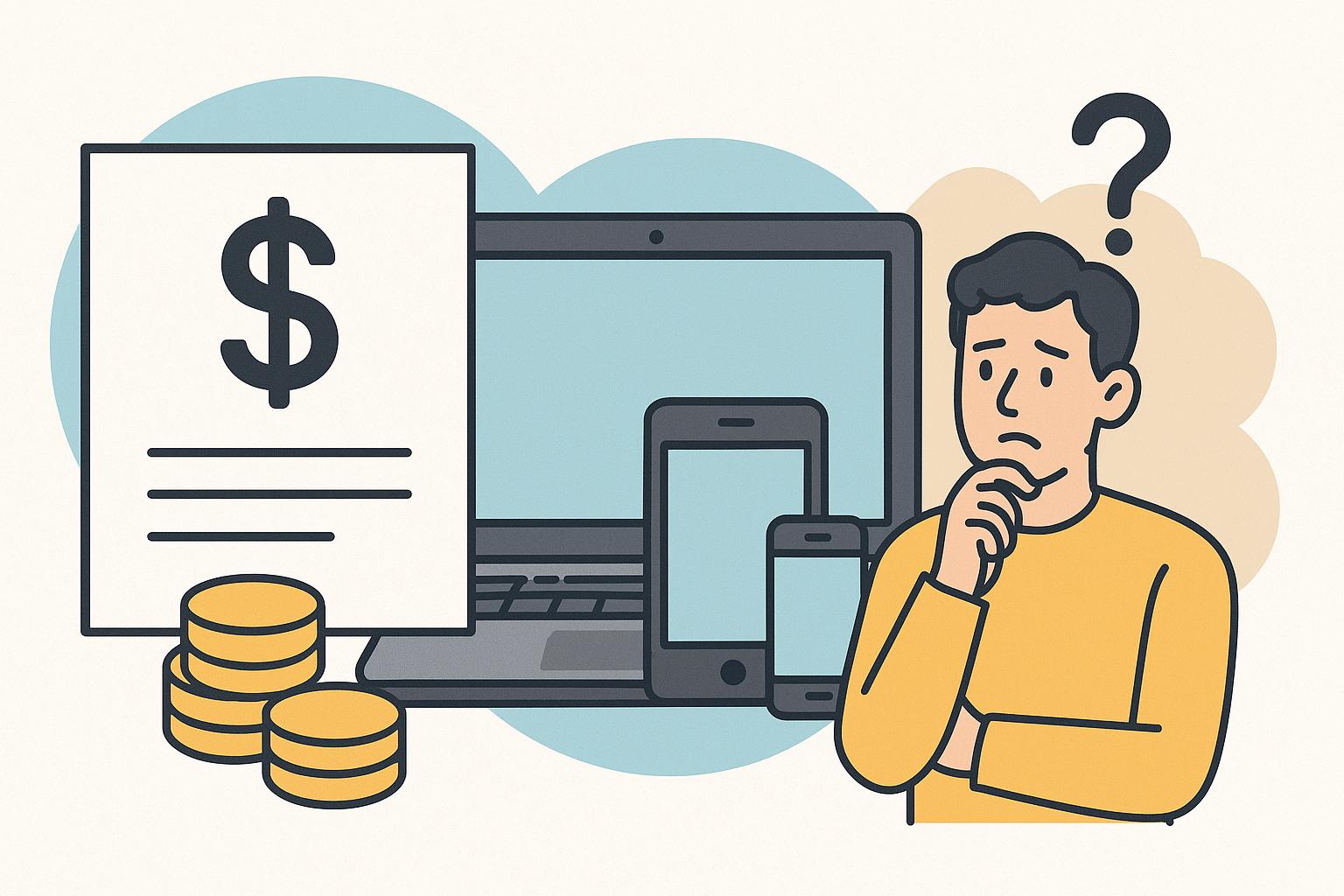 Illustration of a man thinking with a question mark above his head, next to coins, a dollar sign document, and devices including a laptop, smartphone, and tablet, symbolizing costs, devices, and expectations