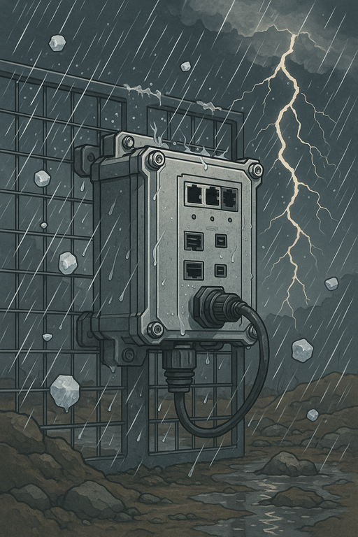 An industrial-grade D-Link network switch mounted outdoors during a violent storm, with rain, hail, and lightning in the background, demonstrating rugged, weather-resistant performance.