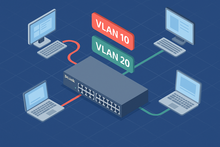 Isometric digital illustration showing a D-Link smart managed switch connecting two laptops and two desktop computers across two VLANs—VLAN 10 (red) and VLAN 20 (green)—on a blue grid background, representing segmented network traffic and VLAN configuration.