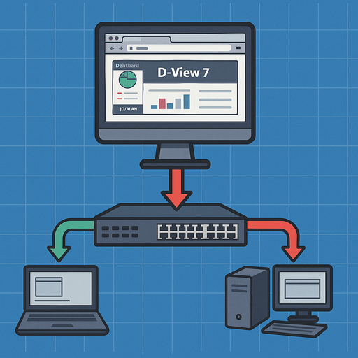 Isometric diagram illustrating D-Link's D-View 7 Network Management Software, with a monitor displaying the software interface connected to a D-Link switch, which in turn links to a desktop and a laptop—showcasing network visibility and configuration flow.