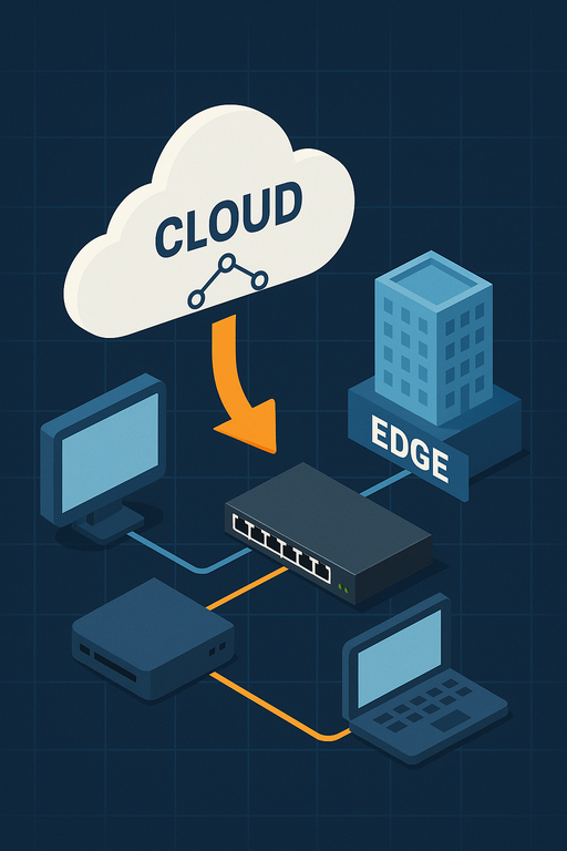 2D vector illustration showing a hybrid edge and cloud computing architecture, with cloud servers, edge devices, and D-Link networking hardware interconnected by data streams—depicting scalable and distributed infrastructure.