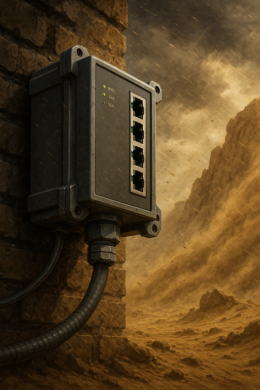 A rugged industrial Ethernet switch mounted on a brick wall in a desert sandstorm, illustrating its resilience in extreme environmental conditions