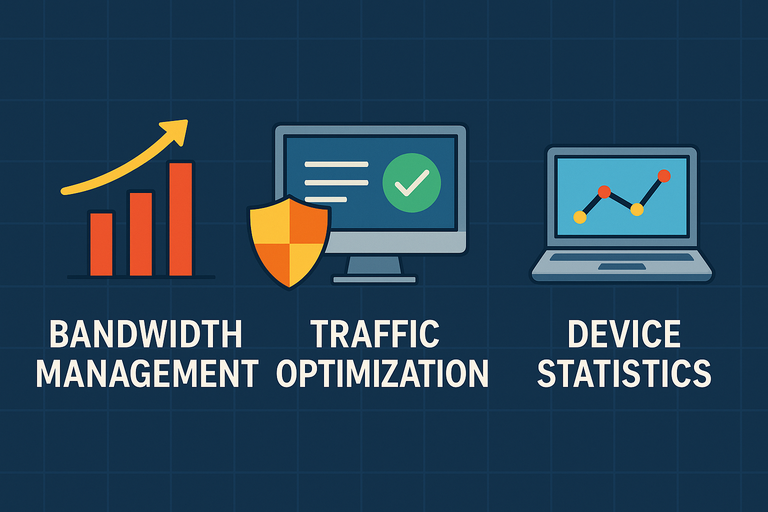 Flat-style infographic illustrating key strategies to enhance network performance and health: Bandwidth Management, Traffic Optimization, and Device Statistics—each represented by colorful icons on a dark blue grid background.
