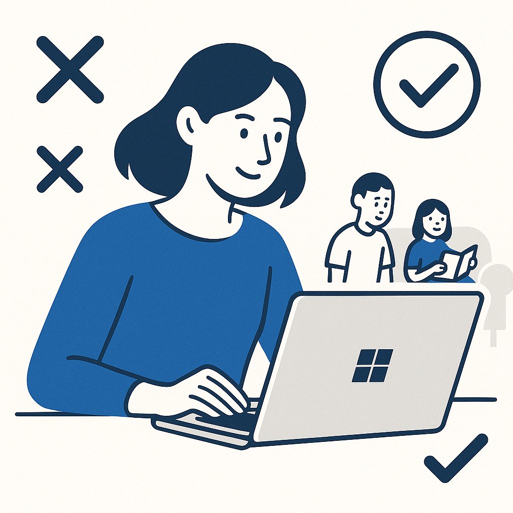 Flat-style illustration of a woman smiling while using a laptop with the Windows logo, surrounded by icons representing ease and efficiency.