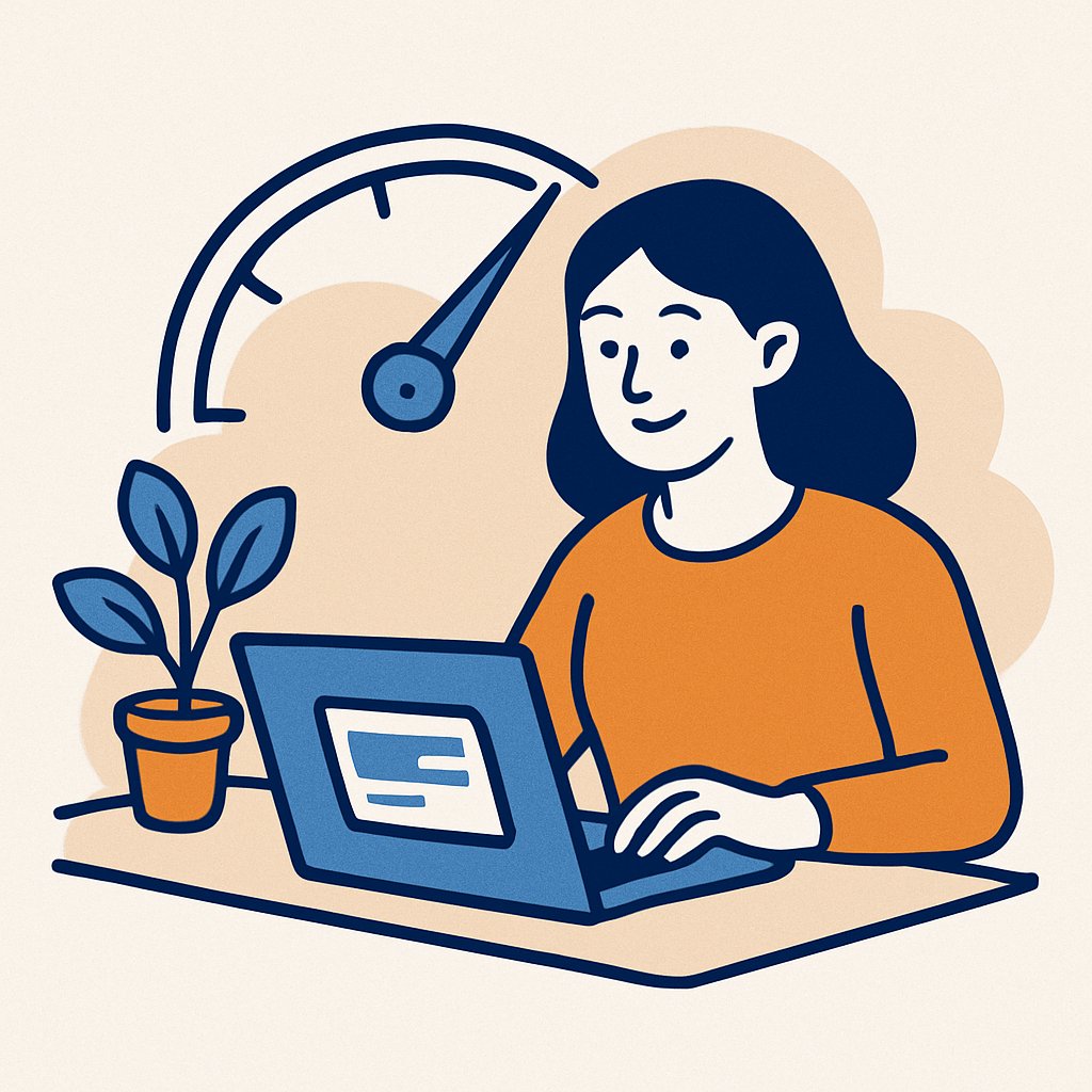 Text: Minimalist illustration of a woman at a desk using a laptop with a speedometer icon in the background, symbolizing fast performance.