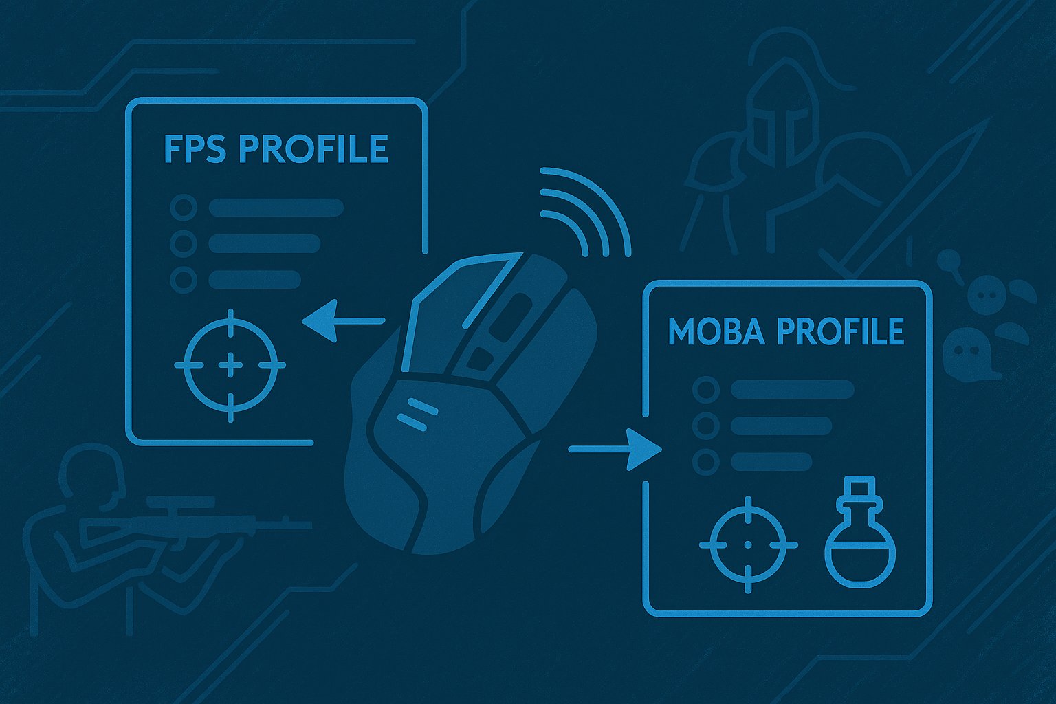 Illustration of a gaming mouse connected to two profile cards, one labeled FPS Profile with a crosshair and rifle icon, and the other labeled MOBA Profile with a crosshair and potion icon, symbolizing customizable per-game profiles.