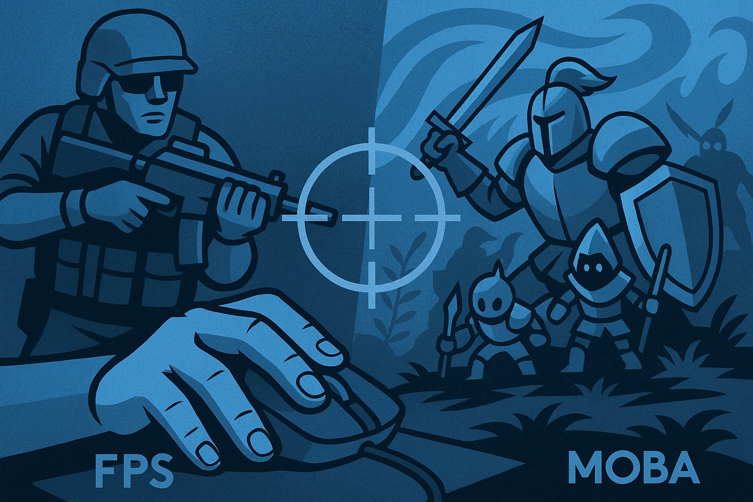 Illustration in blue tones showing an FPS soldier aiming with a rifle on the left and a knight with shield and sword leading minions on the right, connected by a glowing crosshair in the center symbolizing precision.