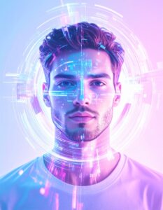 Futuristic digital artwork of a man’s face illuminated with neon pink and blue holographic light patterns, featuring glitch-style circular overlays that symbolize artificial intelligence and augmented reality.
