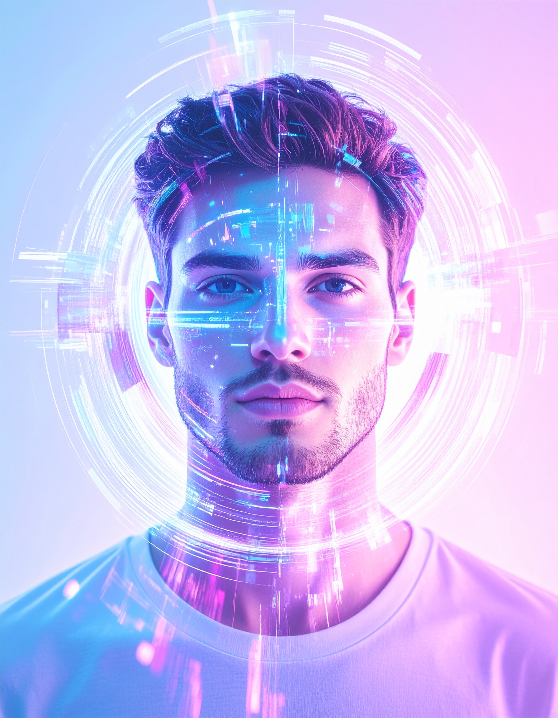 Futuristic digital artwork of a man’s face illuminated with neon pink and blue holographic light patterns, featuring glitch-style circular overlays that symbolize artificial intelligence and augmented reality.