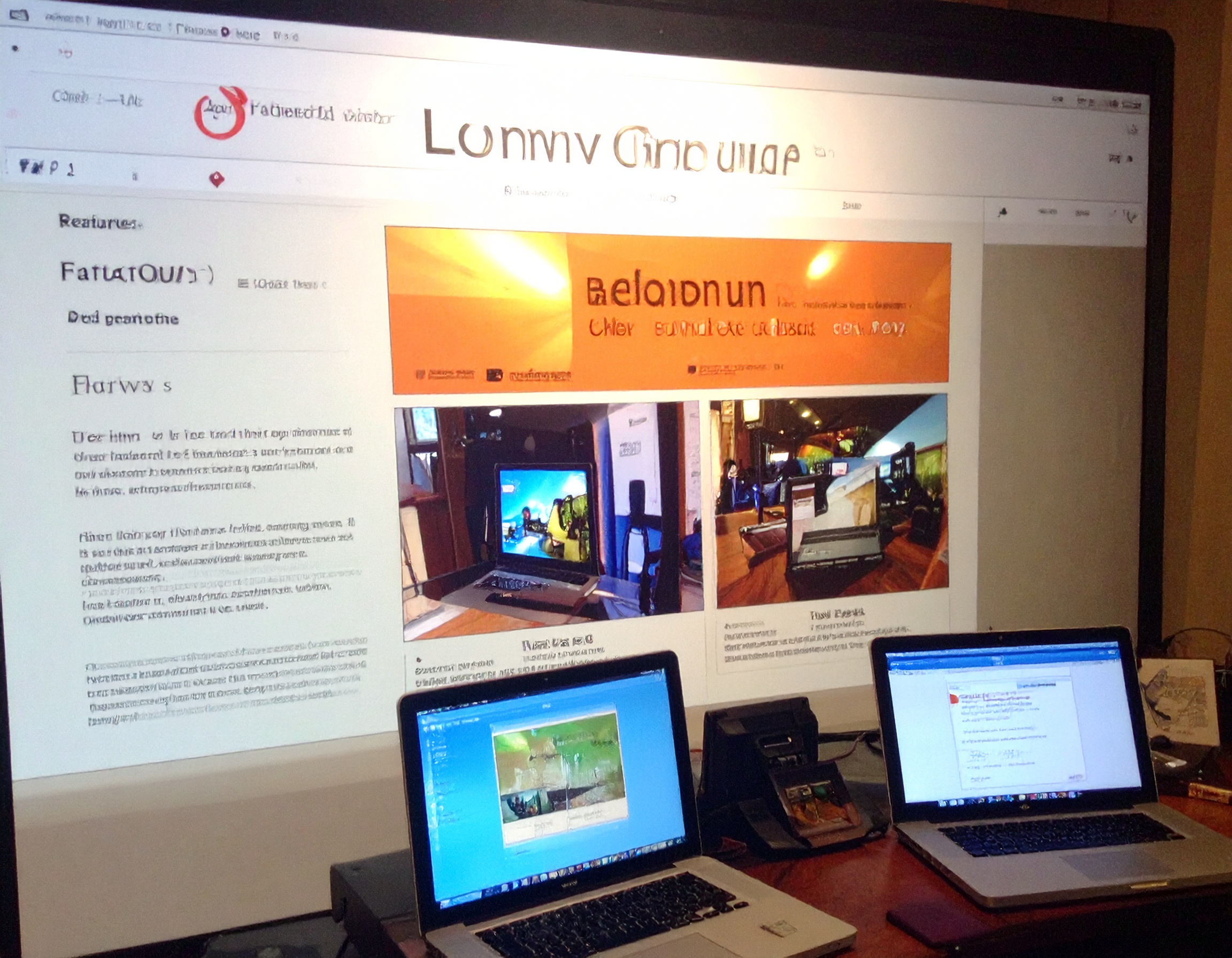 Two laptops on a desk projecting a large screen display with multiple windows and images of computers, showcasing a technology workspace setup.