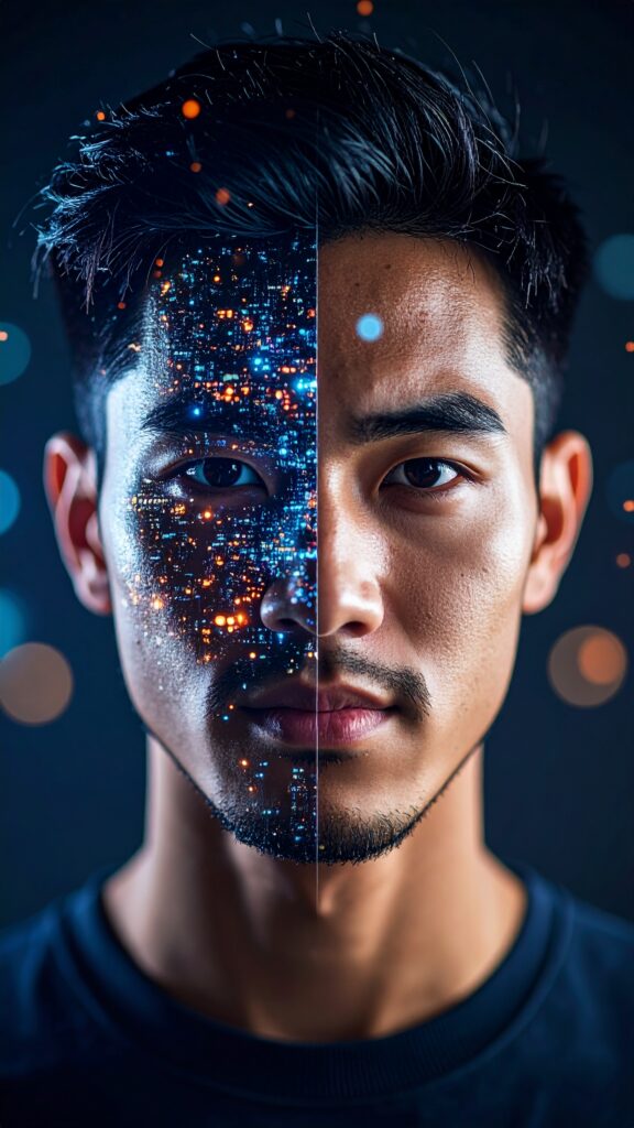 Digital concept art showing half of a man’s face combined with glowing circuits and futuristic technology, symbolizing human and AI integration
