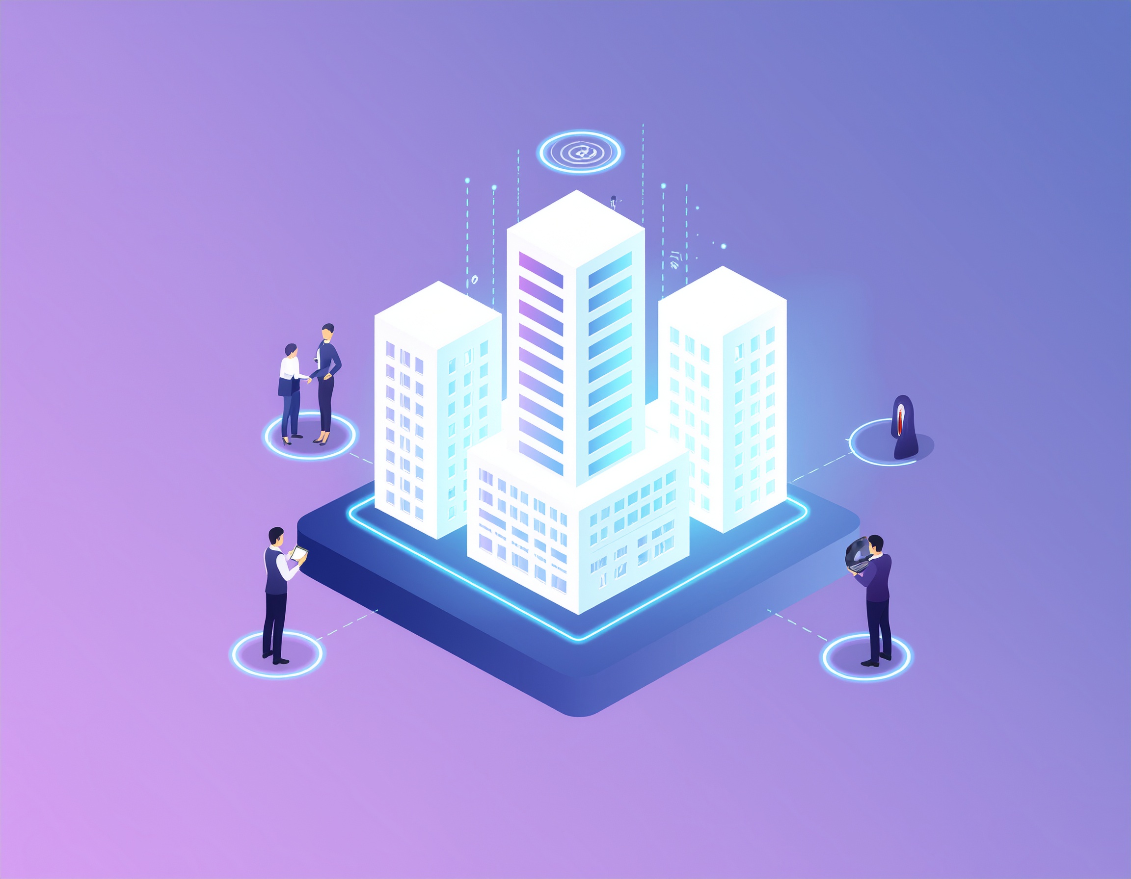 Isometric illustration of a smart enterprise building connected to remote professionals and AI-powered systems, symbolizing digital transformation, remote access, and intelligent infrastructure within a high-tech network environment.