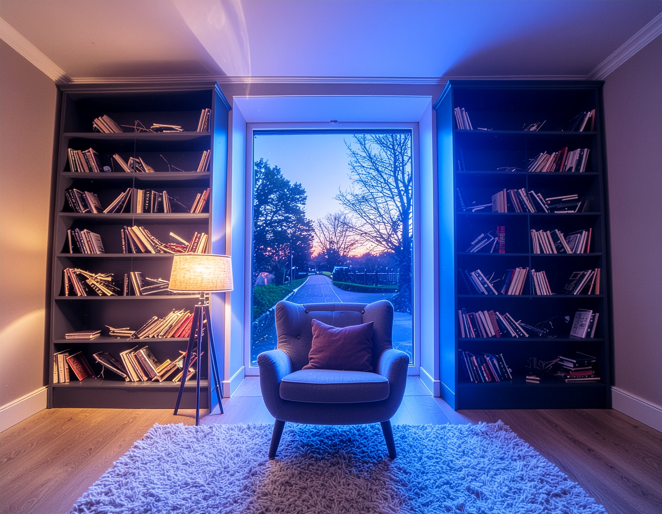 Modern reading nook with a cozy armchair centered between two tall bookshelves, illuminated by a warm floor lamp and framed by a large window overlooking a serene twilight landscape.