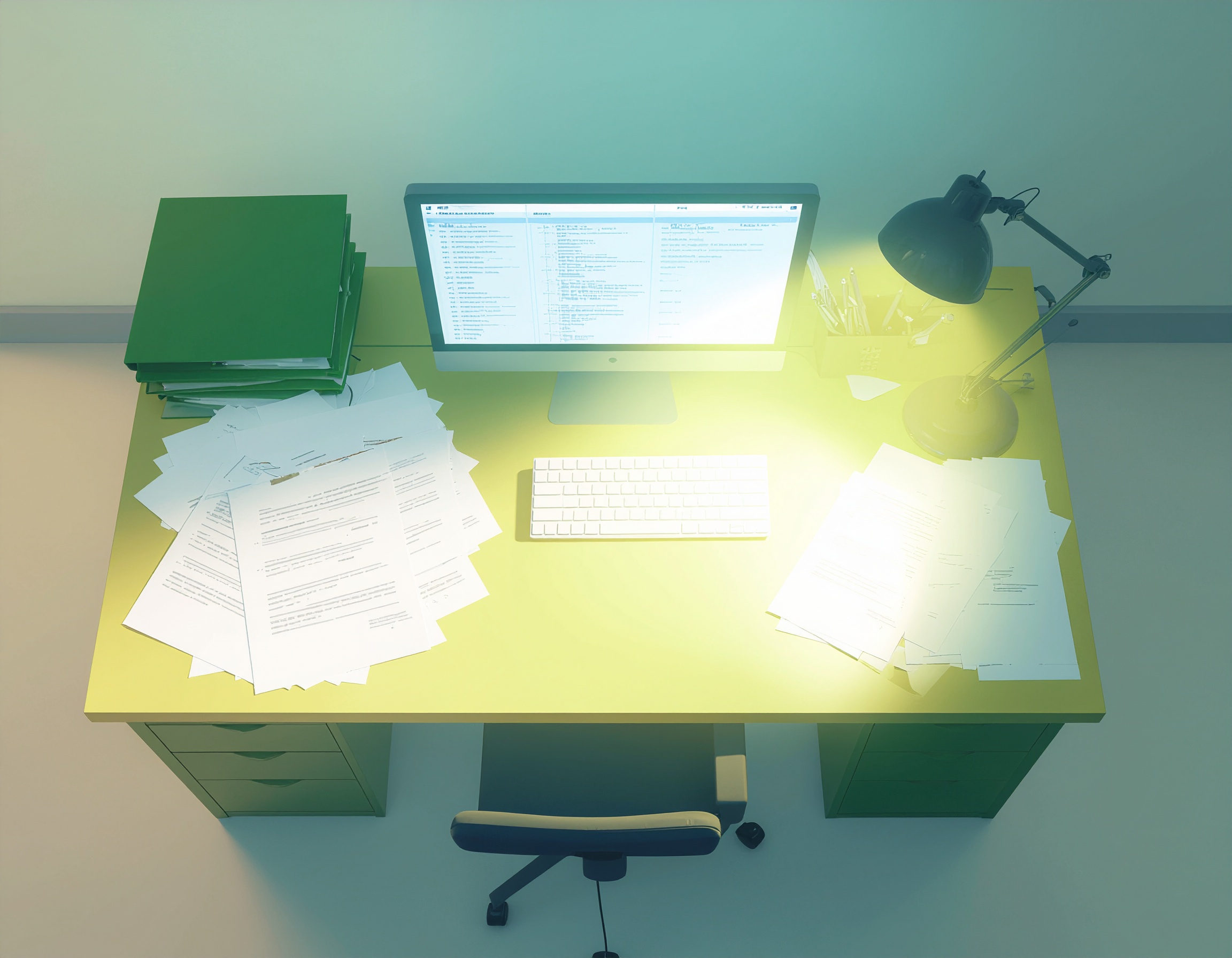 Top-down view of a brightly lit office desk with a computer monitor displaying network configurations, surrounded by scattered documents and green folders, symbolizing IT planning and network documentation.