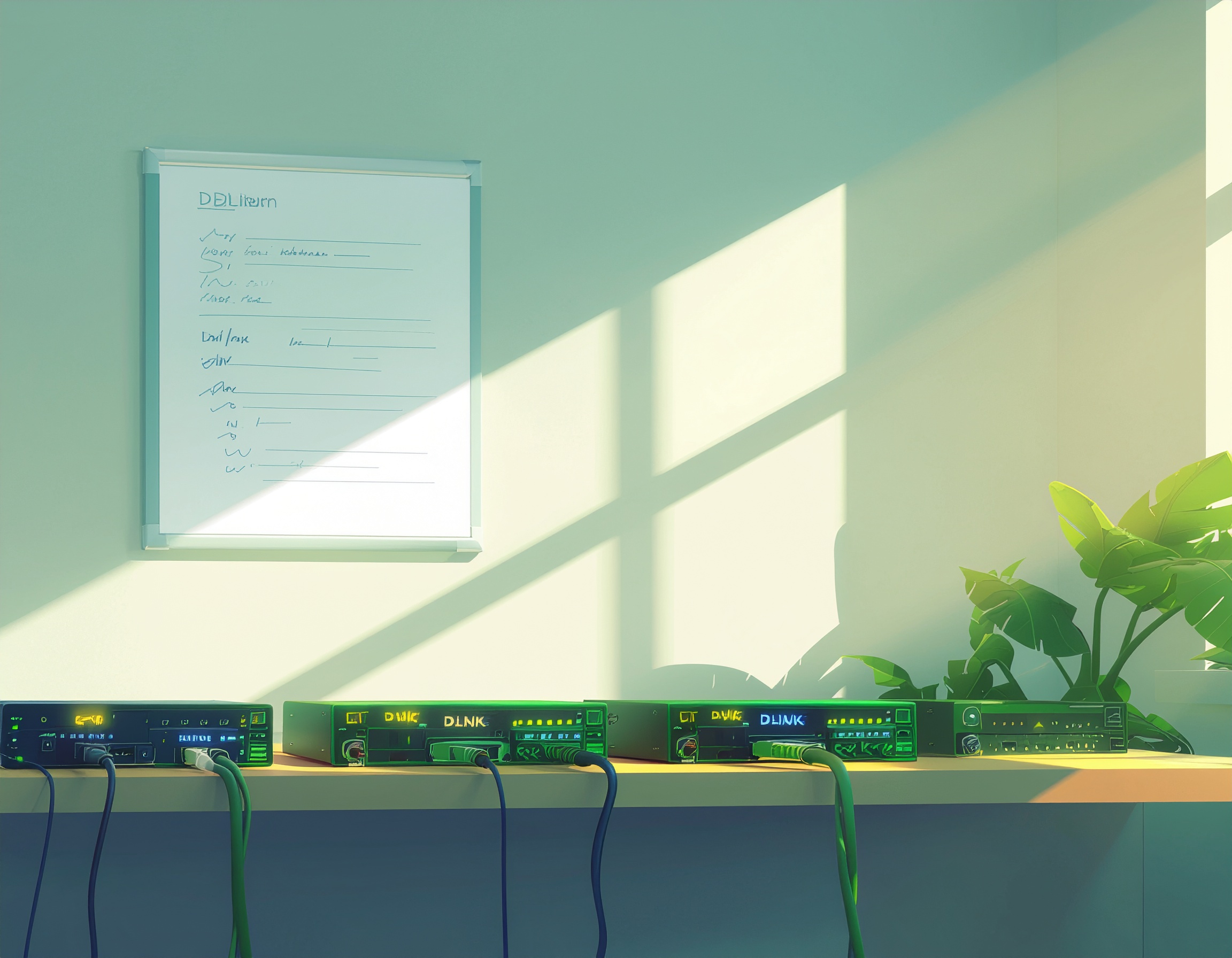 Rack-mounted D-Link switches lined up on a sunlit office shelf, connected with Ethernet cables and surrounded by greenery for a clean, modern IT workspace aesthetic.